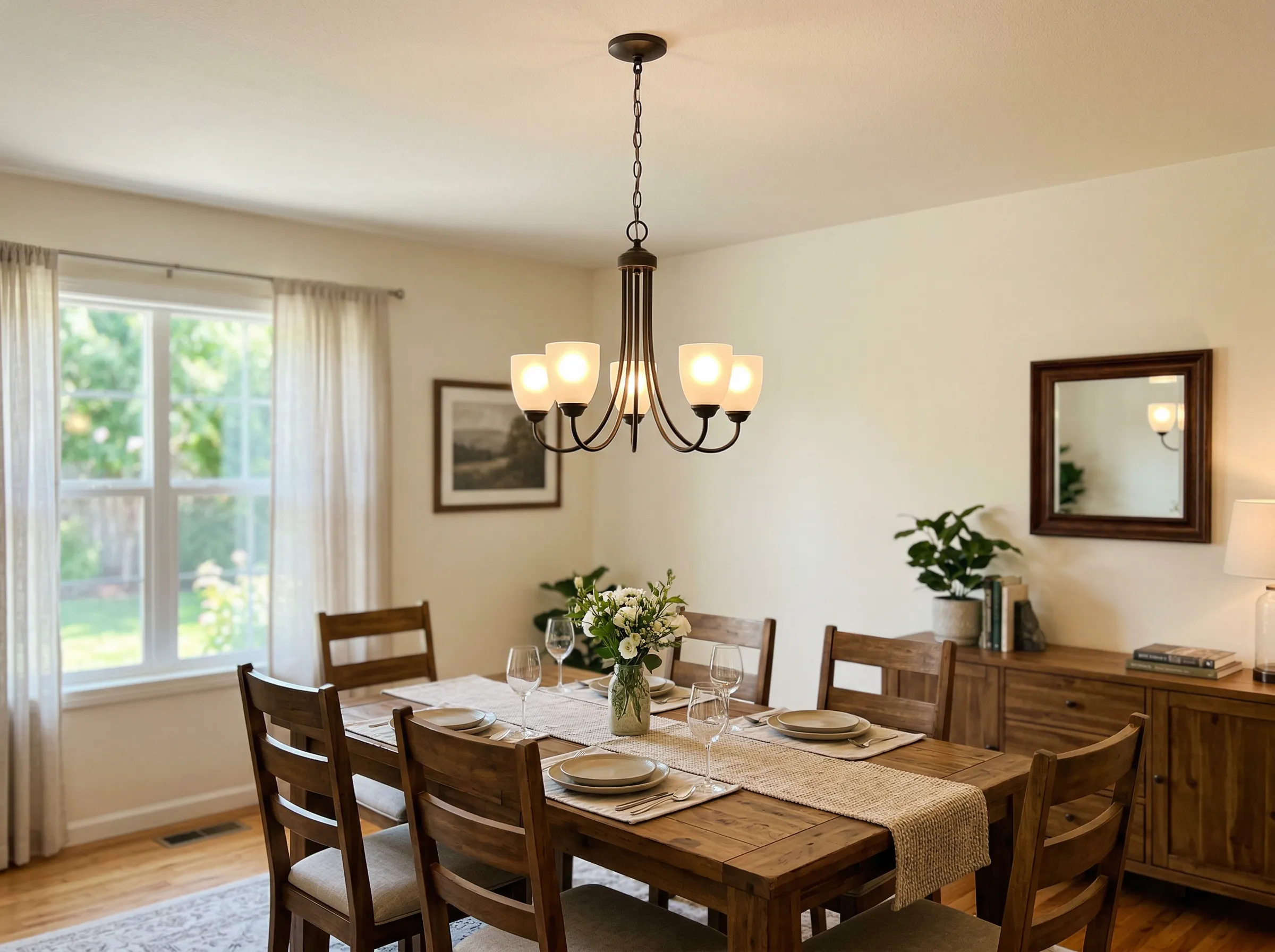 Electrician installing a chandelier in a New Castle, DE home